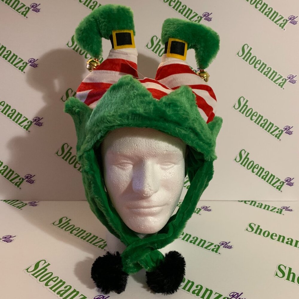 Ugly Christmas Hat Holiday Time Plush Elf Feet Legs Dangle Bells Ear Flaps Strap